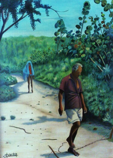 Pintura intitulada "Pieds nu sur sable…" por Charles Corbin, Obras de arte originais, Óleo