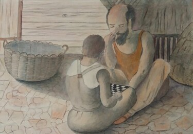 Painting titled "Le maître et l'élév…" by Charles Corbin, Original Artwork, Watercolor