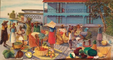 Painting titled "Le marché tropical" by Charles Corbin, Original Artwork, Oil