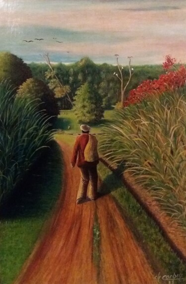 Pintura intitulada "La voie fèrrèe" por Charles Corbin, Obras de arte originais, Óleo Montado em Cartão