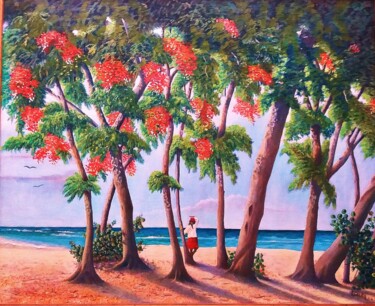 Painting titled "La plage aux flambl…" by Charles Corbin, Original Artwork, Oil Mounted on Wood Stretcher frame