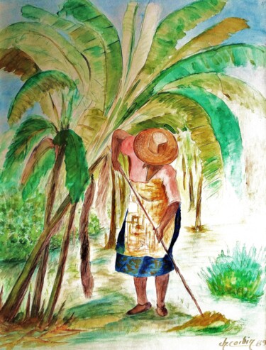 Peinture intitulée "A l'ombre  des bana…" par Charles Corbin, Œuvre d'art originale, Aquarelle