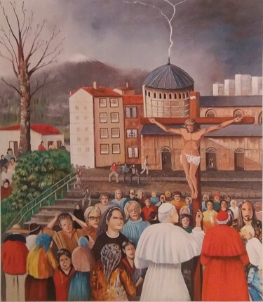 Schilderij getiteld "La démission du pape" door Charles Corbin, Origineel Kunstwerk, Olie Gemonteerd op Frame voor houten br…