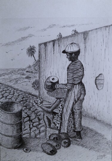 Drawing titled "Le vendeur de coco" by Charles Corbin, Original Artwork