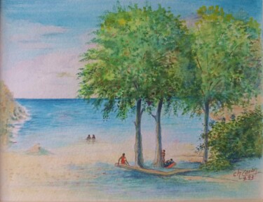 Peinture intitulée "Une petite plage sa…" par Charles Corbin, Œuvre d'art originale, Aquarelle