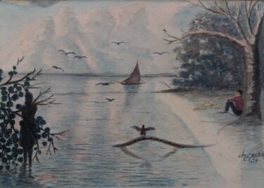 Peinture intitulée "Crépuscule" par Charles Corbin, Œuvre d'art originale, Aquarelle