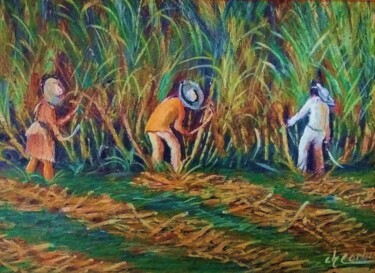 Painting titled "Les coupeurs de can…" by Charles Corbin, Original Artwork, Oil