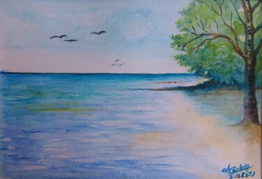 Painting titled "Plage" by Charles Corbin, Original Artwork, Watercolor
