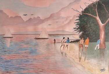 Painting titled "La plage 2" by Charles Corbin, Original Artwork, Watercolor