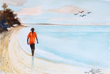 Painting titled "Le solitaire" by Charles Corbin, Original Artwork, Watercolor