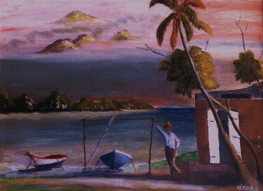 Painting titled "La cabane du pêcheur" by Charles Corbin, Original Artwork, Oil