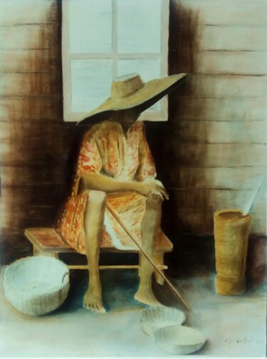 Peinture intitulée "Vendeuse de paniers" par Charles Corbin, Œuvre d'art originale, Pastel
