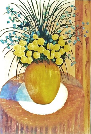 Painting titled "Les roses jaunes et…" by Charles Corbin, Original Artwork, Oil