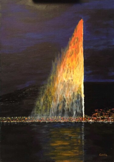 Картина под названием "Jet d'eau, Genève e…" - Charles Lienemann, Подлинное произведение искусства, Масло Установлен на Дере…