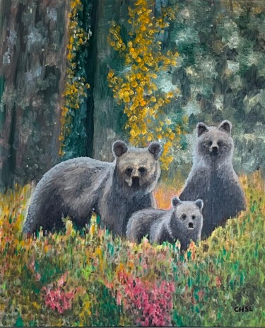 Painting titled "Famille d'ours" by Charles Lienemann, Original Artwork, Oil Mounted on Wood Stretcher frame