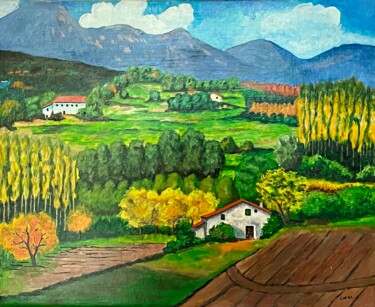 Painting titled "Paysage de campagne" by Charles Lienemann, Original Artwork, Acrylic Mounted on Other rigid panel