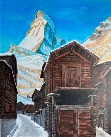 Painting titled "Vieux Zermatt et Ce…" by Charles Lienemann, Original Artwork, Acrylic Mounted on Wood Stretcher frame