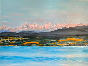 Painting titled "Lac de Neuchâtel av…" by Charles Lienemann, Original Artwork, Oil Mounted on Wood Stretcher frame