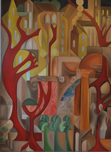 Schilderij getiteld "Tuin in de stad 2" door Charles Mulder, Origineel Kunstwerk, Olie