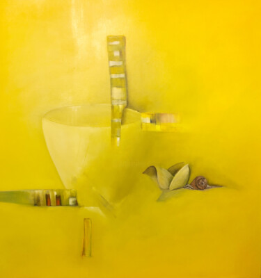 Schilderij getiteld "Yellow hidden flower" door Charles Mulder, Origineel Kunstwerk, Olie Gemonteerd op Aluminium