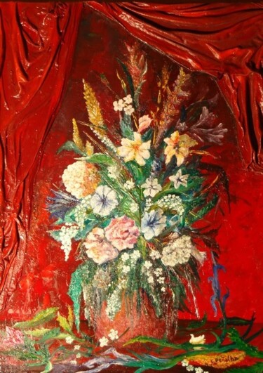 Peinture intitulée "Fleurs au rideau ro…" par Charles Peñalba, Œuvre d'art originale