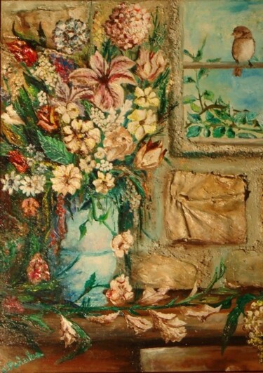 Peinture intitulée "fleurs au moineau" par Charles Peñalba, Œuvre d'art originale