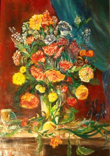 Peinture intitulée "fleurs au rideau bl…" par Charles Peñalba, Œuvre d'art originale