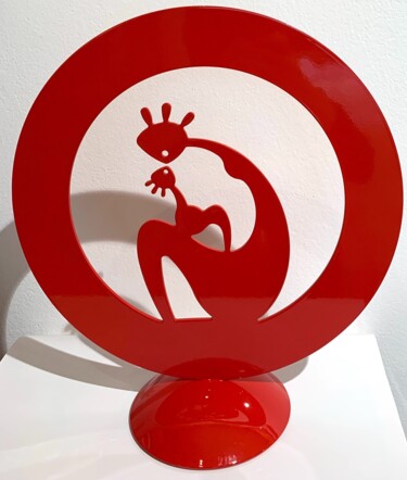 Sculptuur getiteld "Mère et enfant rouge" door Charles Stratos, Origineel Kunstwerk, Roestvrij Staal