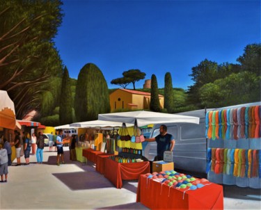 Bormes-Les-Mimosas, Le Marché. Peinture intitulée "Bormes-Les-Mimosas,…" par Charles Unger, Œuvre d'art originale, Huile Monté sur Châssis en bois