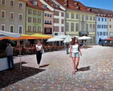 Painting titled "FRIBOURG - Place de…" by Charles Unger, Original Artwork, Oil Mounted on Wood Stretcher frame