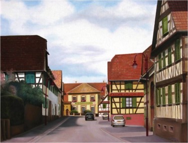 Painting titled "Rue à Pfulgriesheim…" by Charles Unger, Original Artwork, Oil Mounted on Wood Stretcher frame