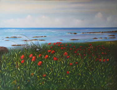 Painting titled "Coquelicots en Bret…" by Charles Unger, Original Artwork, Oil Mounted on Wood Stretcher frame