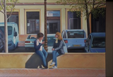 Painting titled "Pause Amicale" by Charles Unger, Original Artwork, Oil Mounted on Wood Stretcher frame