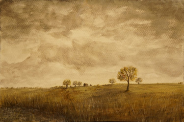 Painting titled "Paysage de Flandre…" by Charles Dubus, Original Artwork, Watercolor
