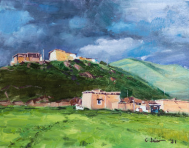 Painting titled "Mountain Dwellings" by Charles Jiao, Original Artwork, Oil