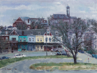 Painting titled "Street Scene" by Charles Jiao, Original Art, Oil