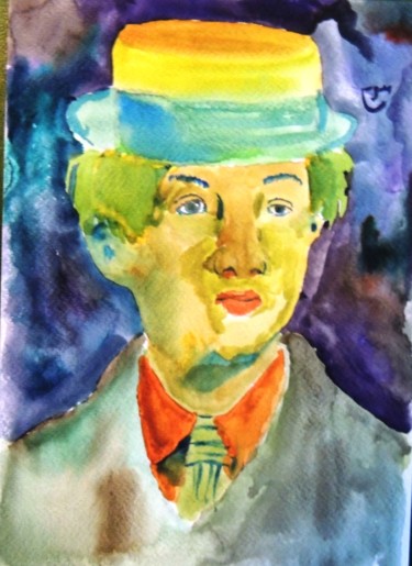 Ζωγραφική με τίτλο "L'homme au chapeau" από Charlie D, Αυθεντικά έργα τέχνης, Ακουαρέλα