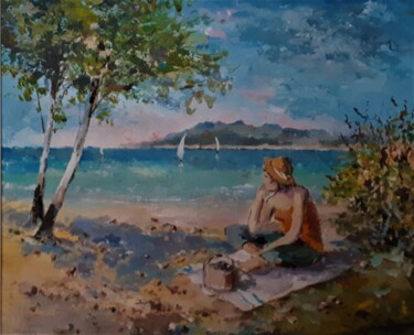Painting titled "sur la plage" by Christian Charlier, Original Artwork, Acrylic Mounted on Cardboard