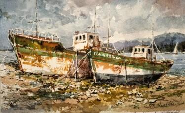 Painting titled "bateaux echoués" by Christian Charlier, Original Artwork, Watercolor