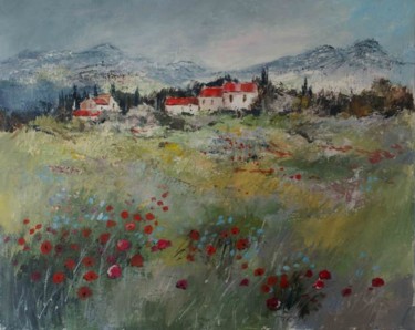 Painting titled "Coquelicots et bleu…" by Christian Charlier, Original Artwork, Acrylic