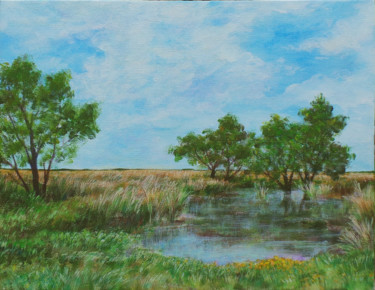 Painting titled "Trees and Creek" by Charlie Zhao, Original Artwork, Acrylic