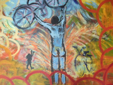 Painting titled "Blå man med cykel" by Charlotta Malm, Original Artwork