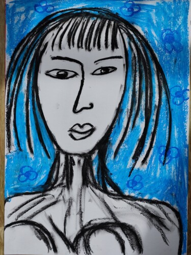 Tekening getiteld "Portrait bleu" door Charlotte Cardonne, Origineel Kunstwerk, Pastel
