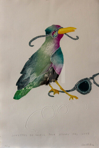 Lunettes de Soleil pour Oiseau Mal Luné ! Gravures & estampes intitulée "Lunettes de Soleil…" par Charlotte Reine, Œuvre d'art originale, Gravure