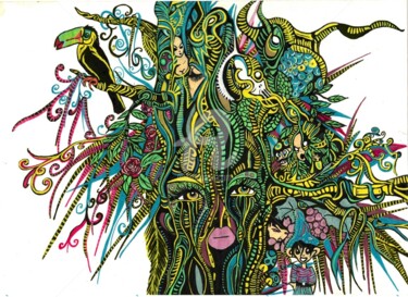Dibujo titulada "L'esprit de la Forêt" por Charly Araña, Obra de arte original, Pluma de gel