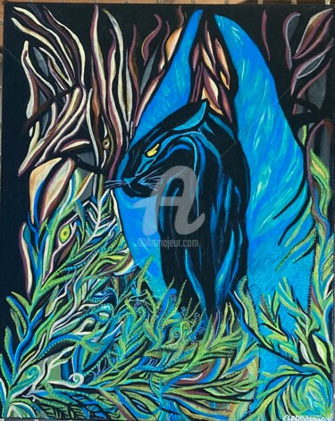 Painting titled "MYSTIC PANTHER" by Charly Araña, Original Artwork, Acrylic Mounted on Wood Stretcher frame