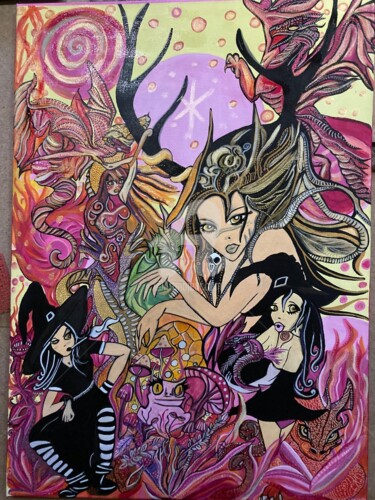 Painting titled "BRUJAS Y DRAGONES" by Charly Araña, Original Artwork, Acrylic Mounted on Wood Stretcher frame