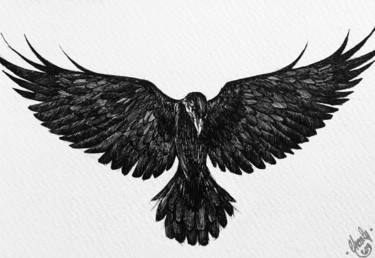 Dessin intitulée "Corvus corax" par Charly Chabot, Œuvre d'art originale, Pointe d'argent