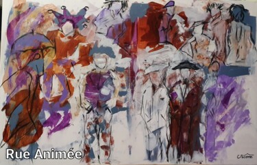 Painting titled "Rue animée" by Charlyne Pacôme, Original Artwork, Acrylic Mounted on Wood Stretcher frame
