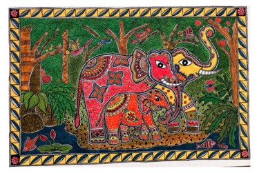 Pintura titulada "Three Elephants in…" por Charul Gandotra, Obra de arte original, Acrílico